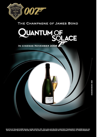 Affisch  James Bond  THE CHAMPAGNE OF JAMES BOND  THE OFFICIAL CHAMPAGNE BOLLINGER OF JAMES BOND  QUANTUM OF SOLACE POSTER QUANTUM OF SOLACE    LA GRANDE ANNEE 1999