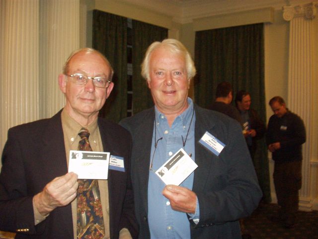 Colin Miller and John Grover with card from 007 museum in Sweden.Nybro