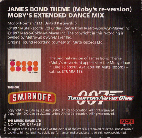 SMIRNOFF MINI CD TOMORROW NEVER DIES 1997  JAMES  BOND THEME(MOBY`S RE-VERSION)   MOBY`S EXTENDED DANCE MIX