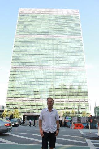 James Bond on set outside United Nation New York City from James Bond movie Live And Let Die 1973