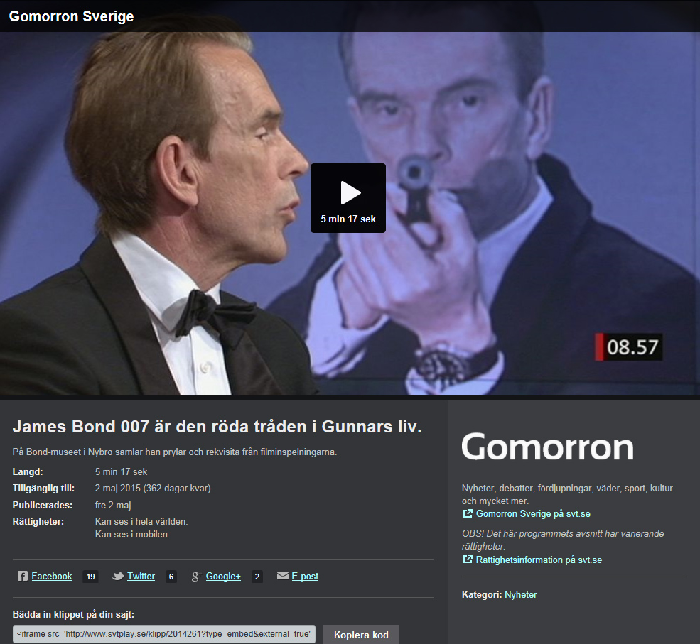 Museichef Gunnar James Bond Schfer James Bond 007 museum i Nybro Sverige Programledare: Hiba Daniel och Mats Nystrm Vlkommen till Gomorron ... 