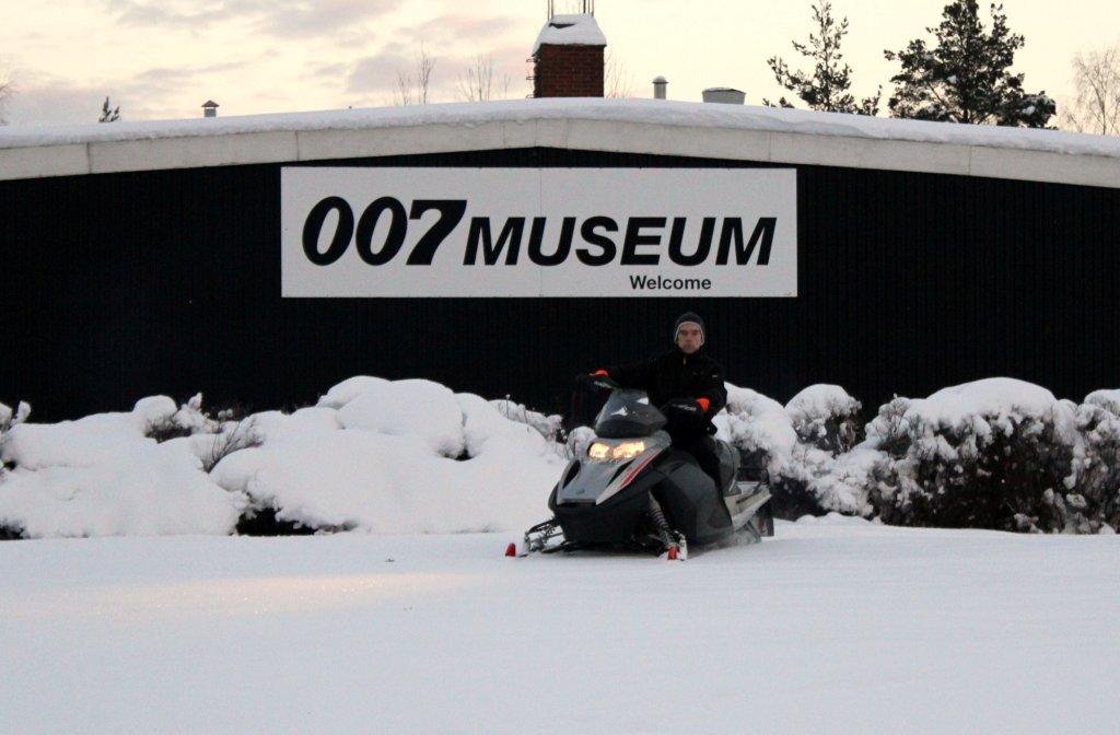 Winter in James Bond 007 Museum Sweden Nybro with James Bond on his Bombardier Ski-Doo MX Z (E) 600 HO (R) snowmobile featured in new James Bond film, Die Another Day 2002