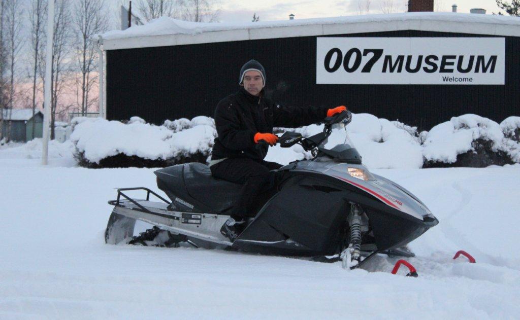 Winter in James Bond 007 Museum Sweden Nybro with James Bond on his Bombardier Ski-Doo MX Z (E) 600 HO (R) snowmobile featured in new James Bond film, Die Another Day 2002